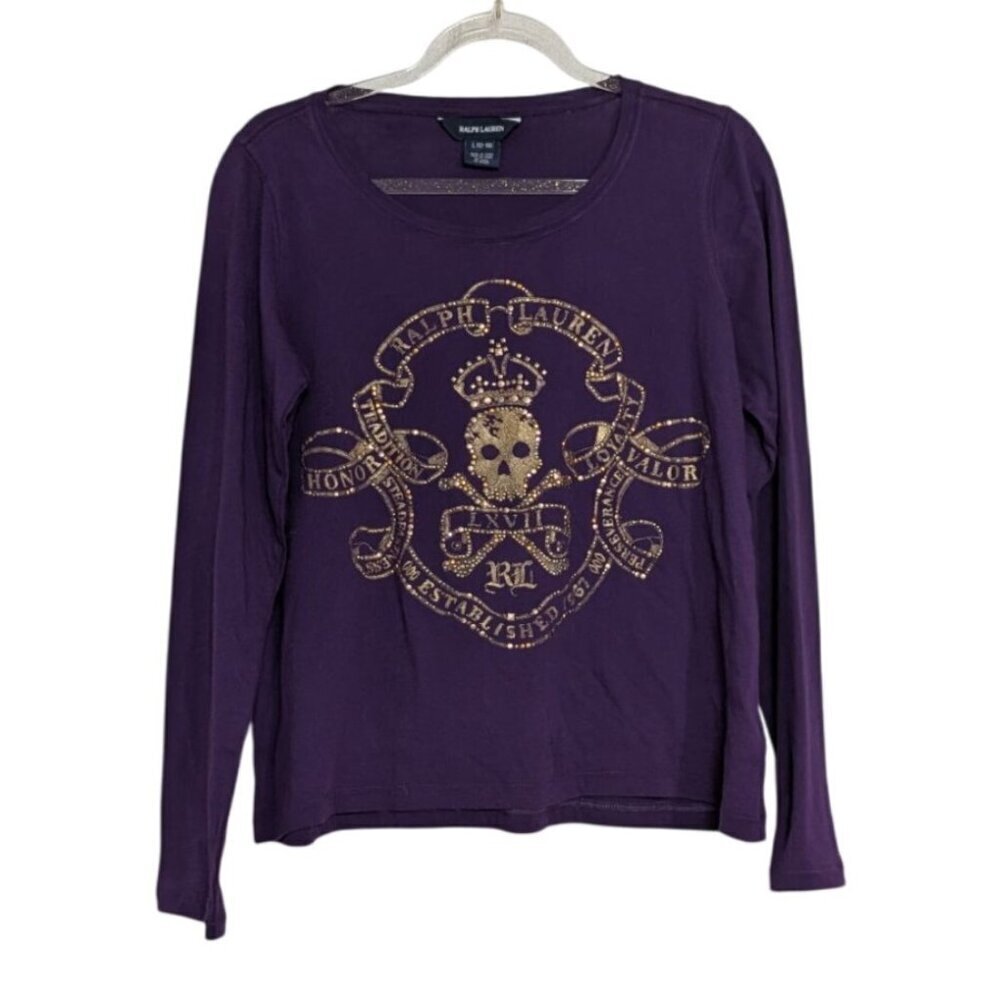 NEW Ralph Lauren Skull Crown T Shirt Girls Size Large Purple Bedazzled Cotton
